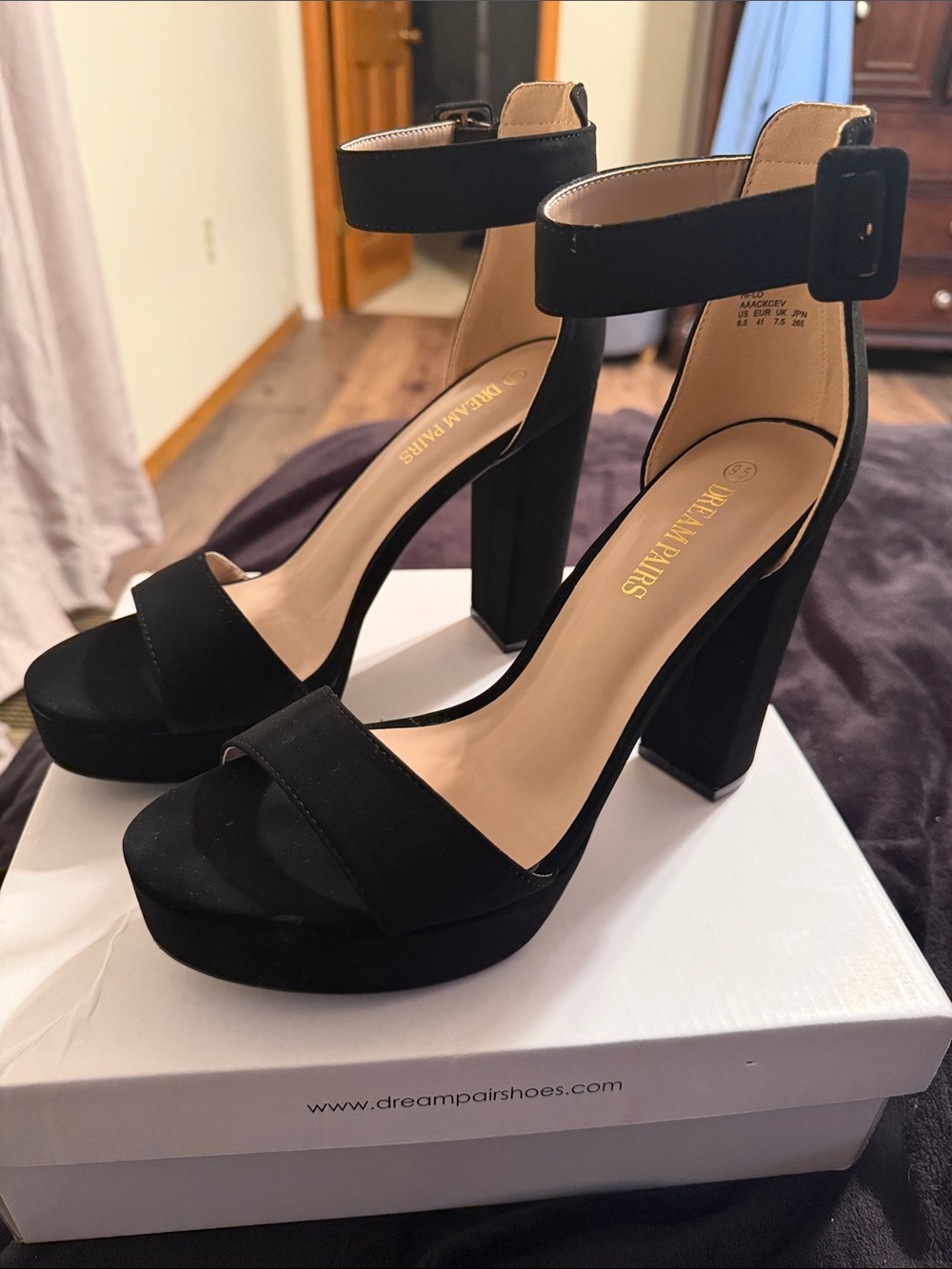 Dream Pairs Black Suede Platform Ankle-Strap Block Heels